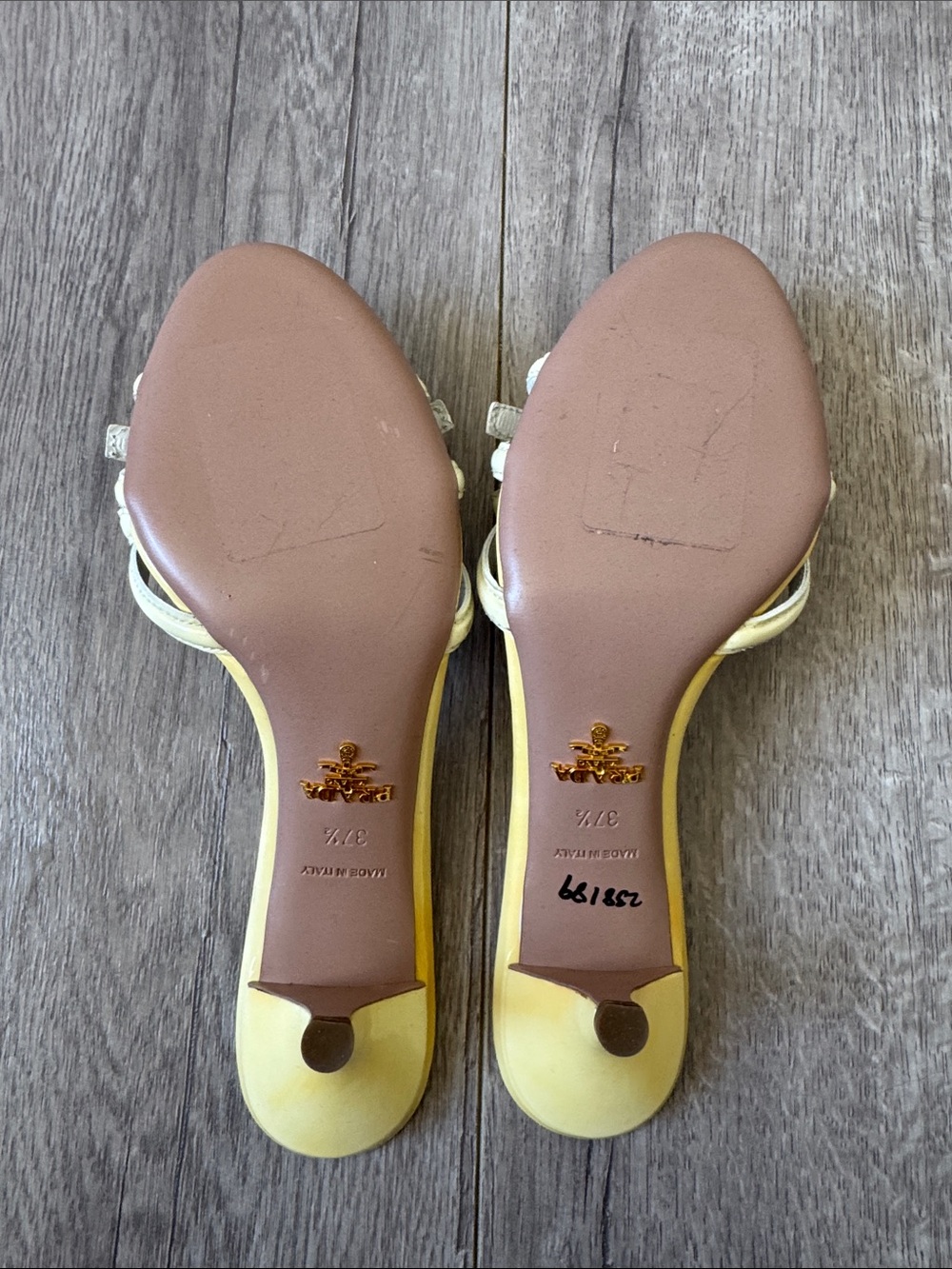 Prada Y2K Butter Yellow Patent Leather Bow Kitten Heel Sandals 37.5 Coquette - Picture 6 of 10